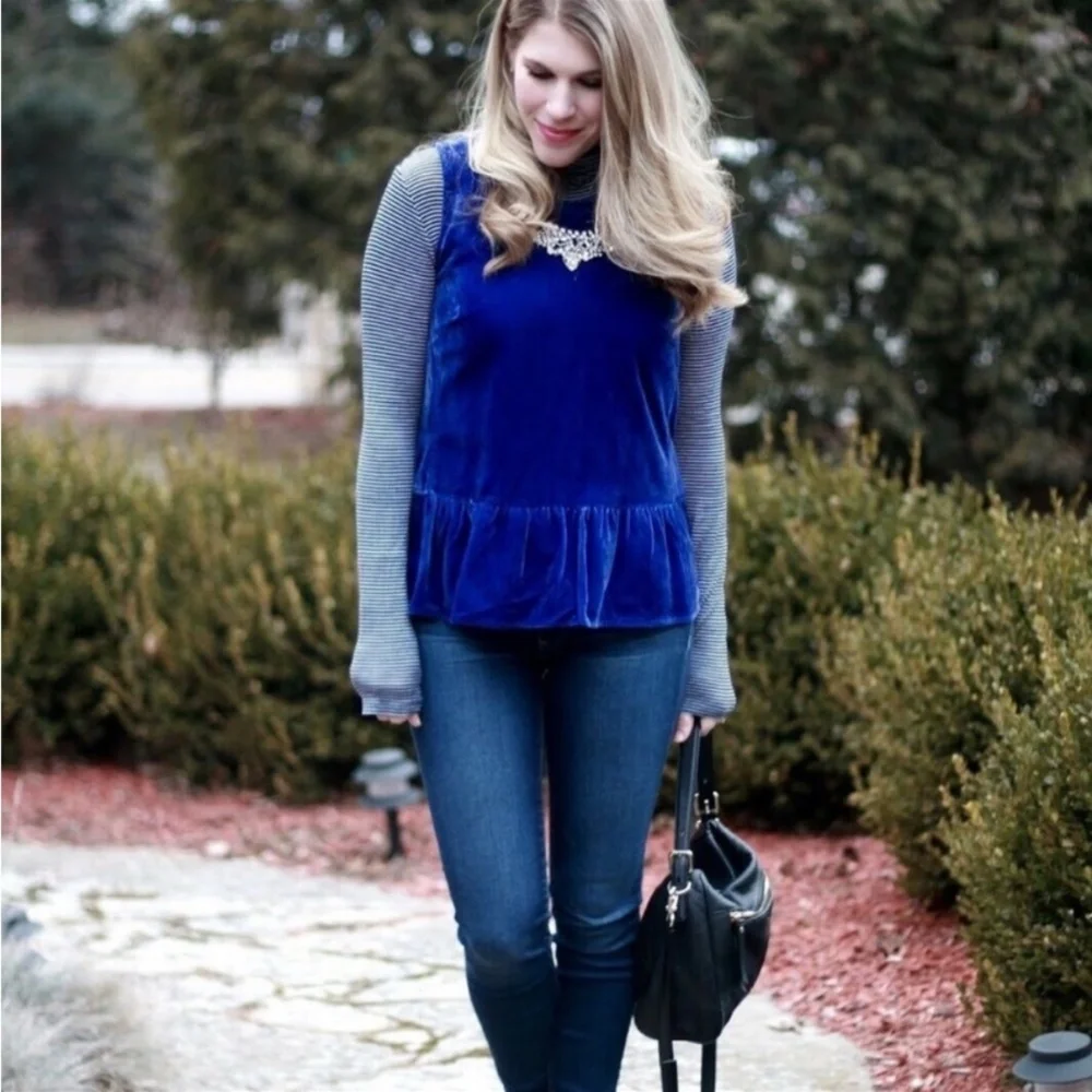 J.Crew Blue Velvet Drapey Peplum Sleeveless Blouse Top